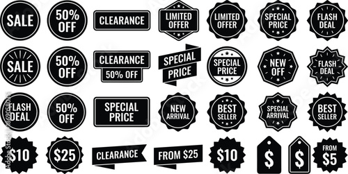 Black sale and discount label collection with clearance badges, limited offers, special prices, flash deals, vector icons for ecommerce marketing promotions