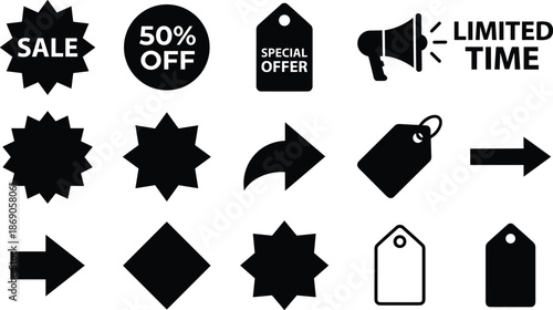 Black sale and discount icon set with 50 percent off, special offer tags, limited time symbols, arrows and labels