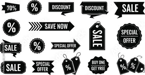 Black sale and discount label collection with percentage badges, special offer tags, save now banners, buy one get free promotion icons