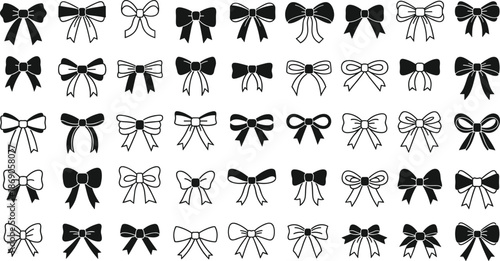 Bow ribbon silhouette collection featuring decorative gift bows in varied styles black vector illustration set for packaging branding craft design