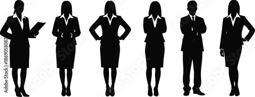 Business professional women and man silhouettes standing confidently in formal office attire isolated on white background corporate illustration set collection design