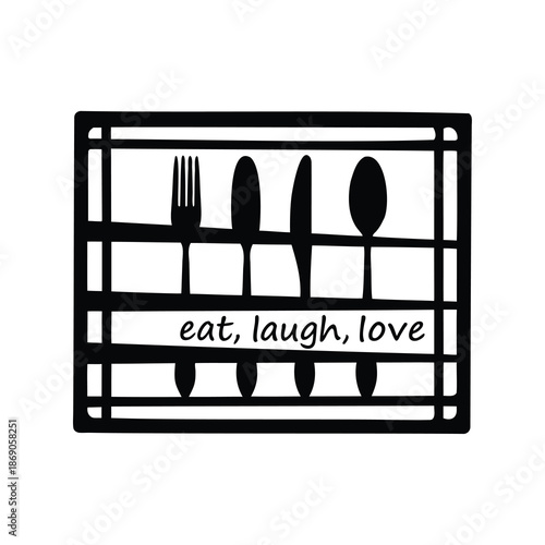Black and White Culinary Art Design Featuring Eating Utensils and a Positive Motto