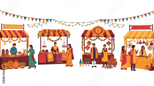 Vector illustration of a vibrant Surajkund Mela crafts market scene in India with colorful stalls and people in traditional attire against a white background.