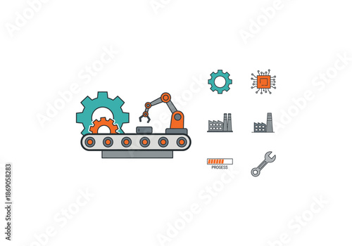 Up 28.epsManufacturing Process Automation - Conveyor Belt, Robotic Arm, and Industry Icons.