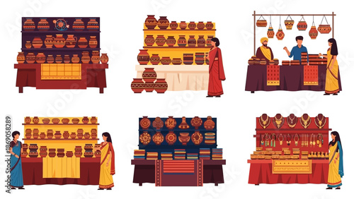 Vector illustration of a vibrant Surajkund Crafts Mela in India, showcasing various traditional handicrafts and colorful stalls with artisans at work.