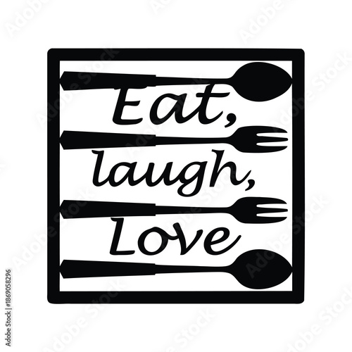 Eat, Laugh, Love Kitchen Utensils Artwork Framed in Modern Black Design