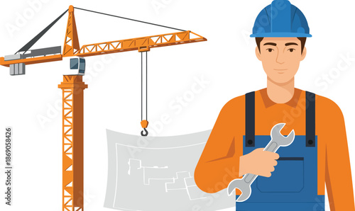 Construction worker with crane and blueprints professional team building industry safety vector