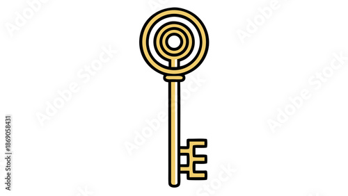 Illustration of a golden key with a circular head and a simple bit design on a white background on transparent background silhouette