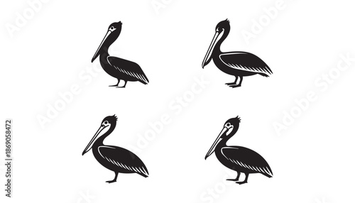 black color Pelican birds set of silhouette vector illustration, solid white background