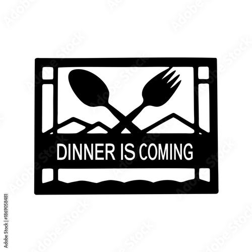 Dinner is Coming Illustration Featuring Crossed Spoon and Fork Over a Mountain Range