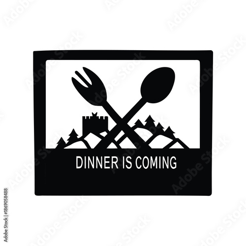 Winter is coming dinner invitation with fork, spoon, castle, and trees