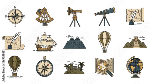 Vintage Travel Icons and Navigation Tools.