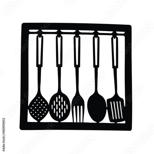 Black and White Kitchen Utensil Set Silhouette Hanging in Organized Frame