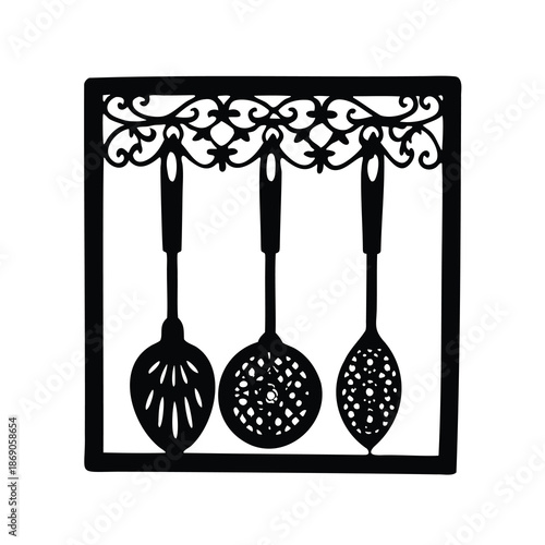 A Decorative Metal Art Piece Featuring Kitchen Skimmers in an Ornate Frame