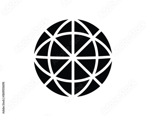 Black abstract globe icon with grid lines on white background Keywords: globe, earth, world, network, connection, global, international