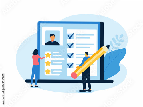 People reviewing and rating resume on large computer screen with pencil