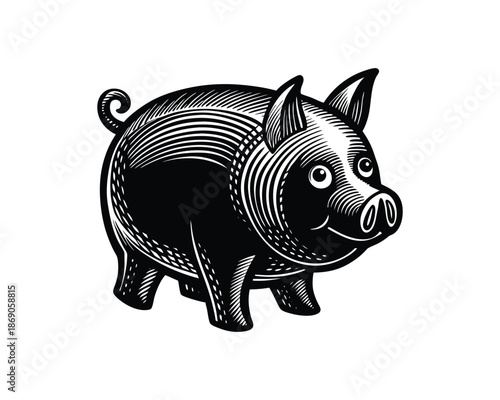 Black and white woodcut style illustration of a happy pig on white background swine animal