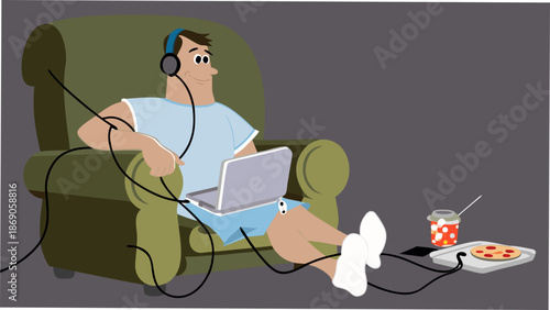 Relaxed man enjoying laptop and pizza in cozy living room