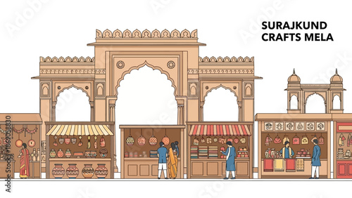 Vector illustration of a vibrant marketplace scene at Surajkund Crafts Mela in India, featuring traditional crafts stalls and people shopping.