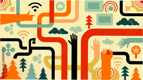 Vibrant illustration of diverse hands connecting through technology and nature