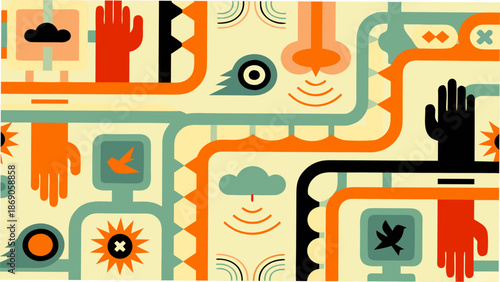 Vibrant abstract illustration with hands, clouds, and symbols