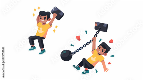 Man freeing himself from mobile phone addiction with a wrecking ball