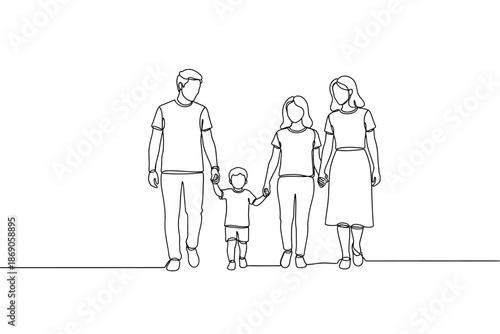 Continuous Line Drawing of a Family of Four Walking Together Hand in Hand