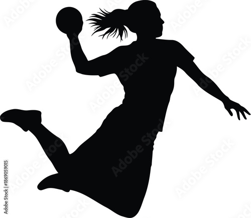 Dynamic female handball player silhouette jumping throwing ball athletic sport action vector