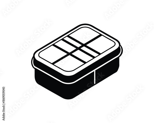 Black isometric lunchbox with four compartments and white outlines on white background Keywords: lunchbox, bento box, food container