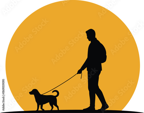 Silhouette of person walking dog at sunset vibrant orange sun background vector