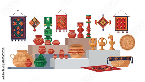 Vector illustration of traditional Indian handicrafts and textiles on display at Surajkund Mela, featuring colorful pottery, woven baskets, and tapestries.