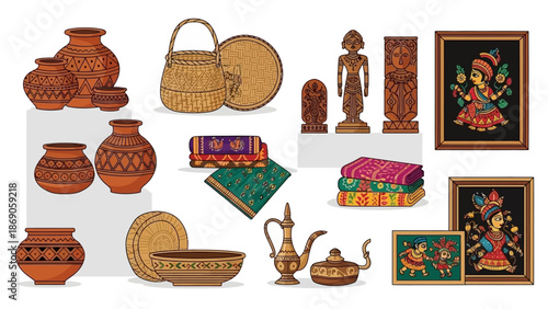 Vector illustration of traditional Indian crafts and handmade items on display at Surajkund Mela, showcasing pottery, textiles, and artwork with vibrant colors and intricate designs.