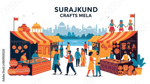 Vector illustration of people shopping and browsing at the Surajkund Crafts Mela in India with vibrant stalls and cityscape background.