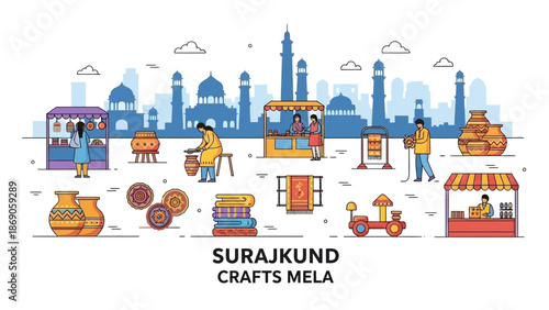 Vector illustration of a vibrant Indian market scene with various crafts and food stalls set against a city skyline at Surajkund Crafts Mela in India.