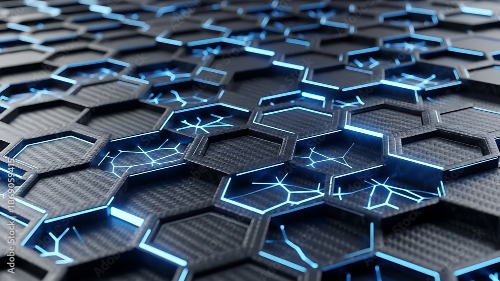 Fototapeta premium Abstract blue glowing hexagonal pattern with interconnected lines, science and technology background