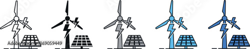 Renewable energy icons set illustrating wind turbine and solar panel systems, clean electricity generation, sustainable power technology, and eco friendly energy production concepts