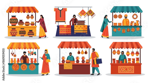 Illustration of vibrant market stalls and people at Surajkund Crafts Mela in India, showcasing various handicrafts and colorful products in a lively setting.