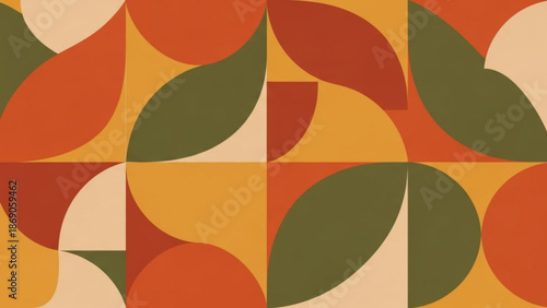 Vibrant abstract pattern with geometric shapes and leaves in orange, yellow, red, and green hues