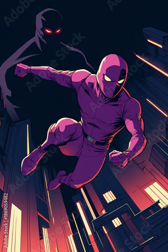 A mysterious purple vigilante leaps through a neon-lit urban landscape facing a shadowy threat