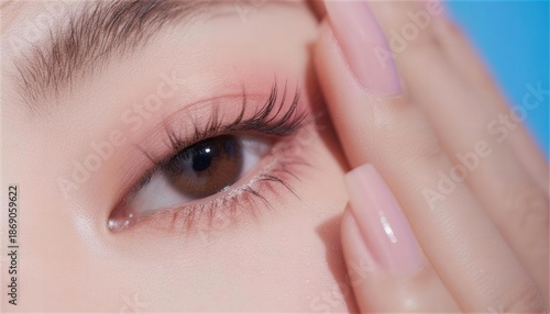 ピンクのロングネイルと濡れ感のある瞳の接写