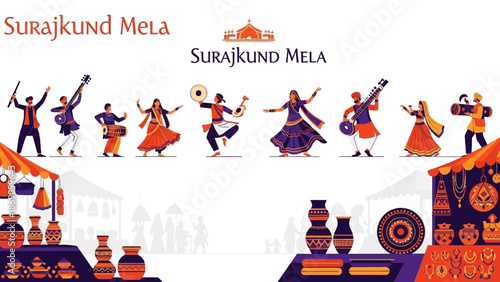 Vector illustration of people dancing and showcasing crafts at the Surajkund Mela in India with vibrant colors and traditional pottery on display.