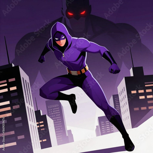 A mysterious hooded figure in a purple suit leaps across a dark, futuristic cityscape