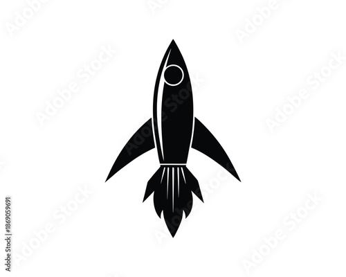Black silhouette of a classic rocket ship with exhaust flames on a white background spaceship space