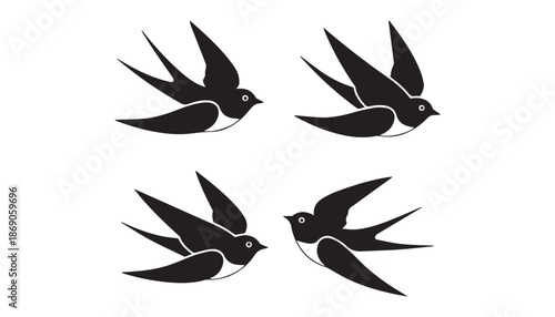 black color swallow bird set of silhouette vector illustration, solid white background