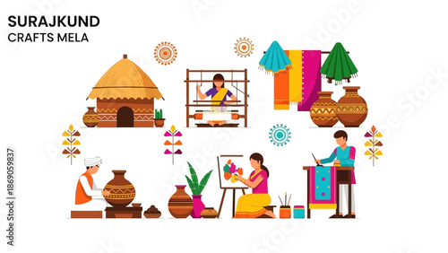 Vector illustration of artisans crafting traditional Indian items at Surajkund Crafts Mela in India with vibrant colors