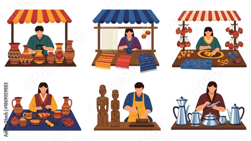Vector illustration of people selling traditional Indian crafts and goods at a vibrant Surajkund Mela market, showcasing various handmade items and textiles.
