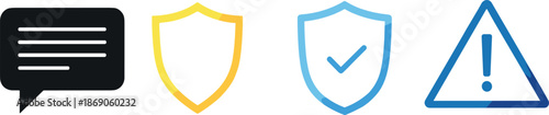 Security notification and protection icons set illustrating message alert, shield safety symbols, verified protection, warning sign, and digital system security concepts