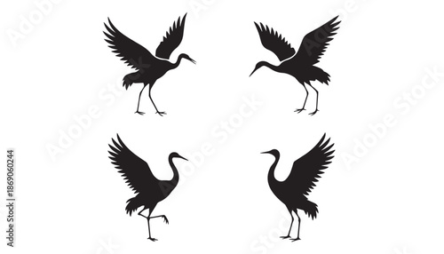 black color Cranes birds set of silhouette vector illustration, solid white background