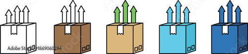 Shipping package and logistics box icons set illustrating cargo delivery, warehouse handling, fragile transport, and supply chain distribution concepts
