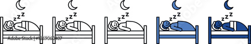 Sleeping routine icons set showing bedtime stages, night rest, insomnia concept, healthy sleep habits, moon symbols, and relaxation illustration
